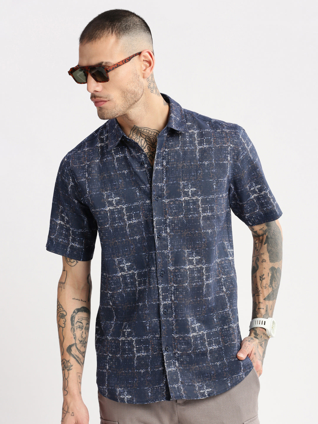 Men Spread Collar Abstract Navy Blue Casual Shirt