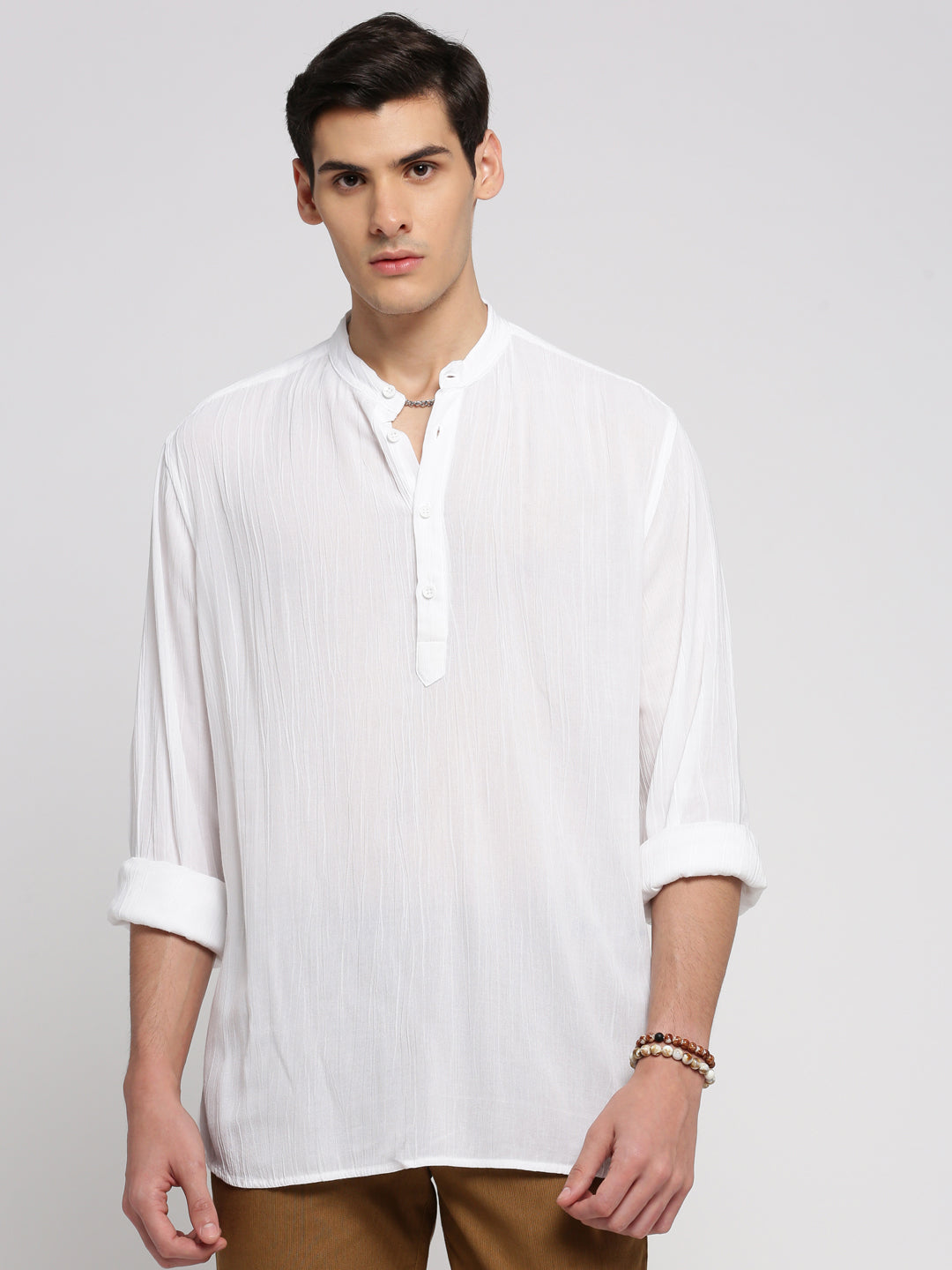 Men White Solid Mandarin Collar Casual Short Kurta