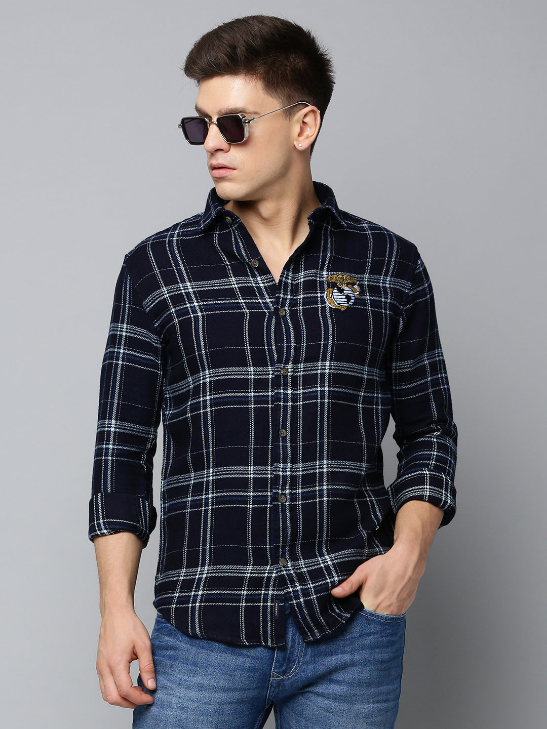 Men Navy Checked Casual Shirt