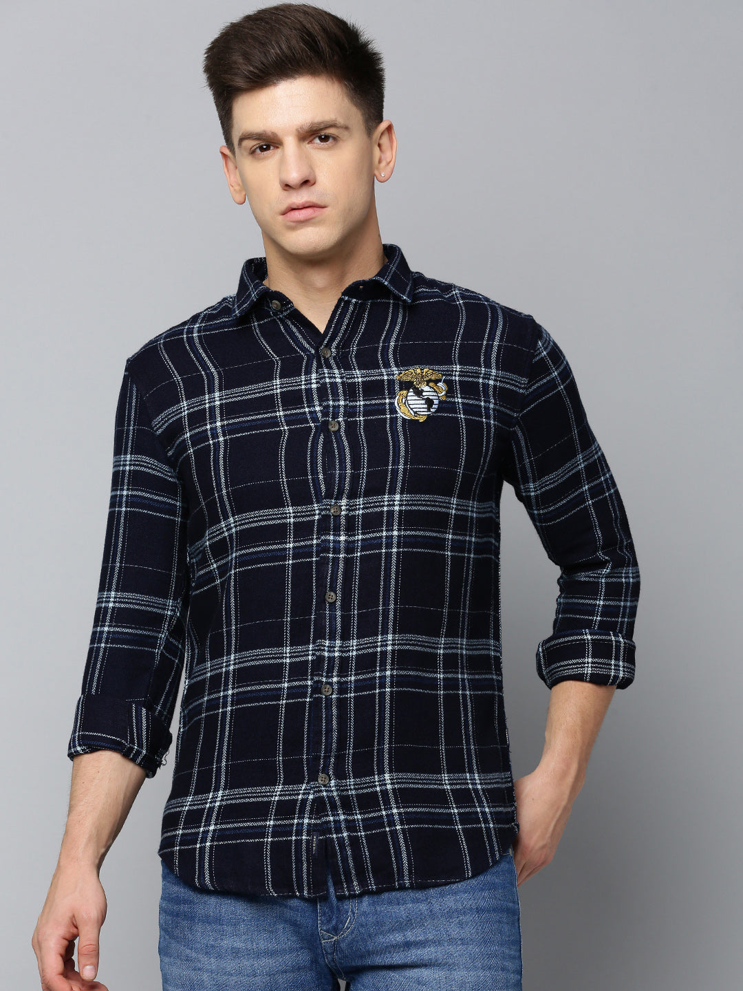 Men Navy Checked Casual Shirt