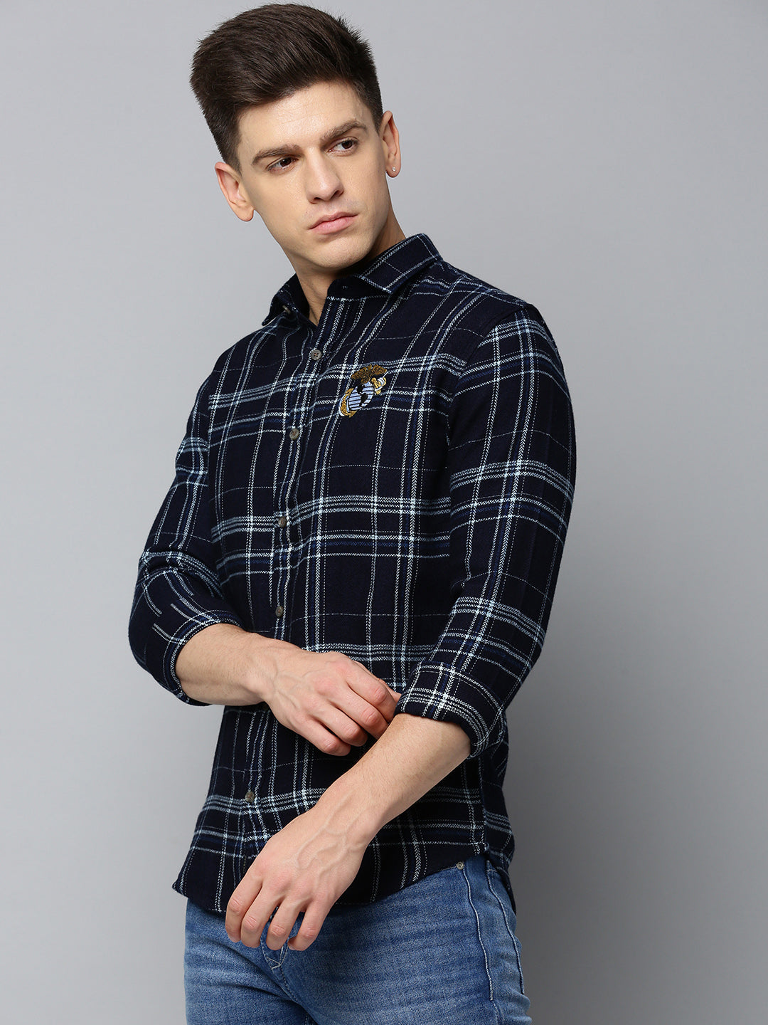 Men Navy Checked Casual Shirt