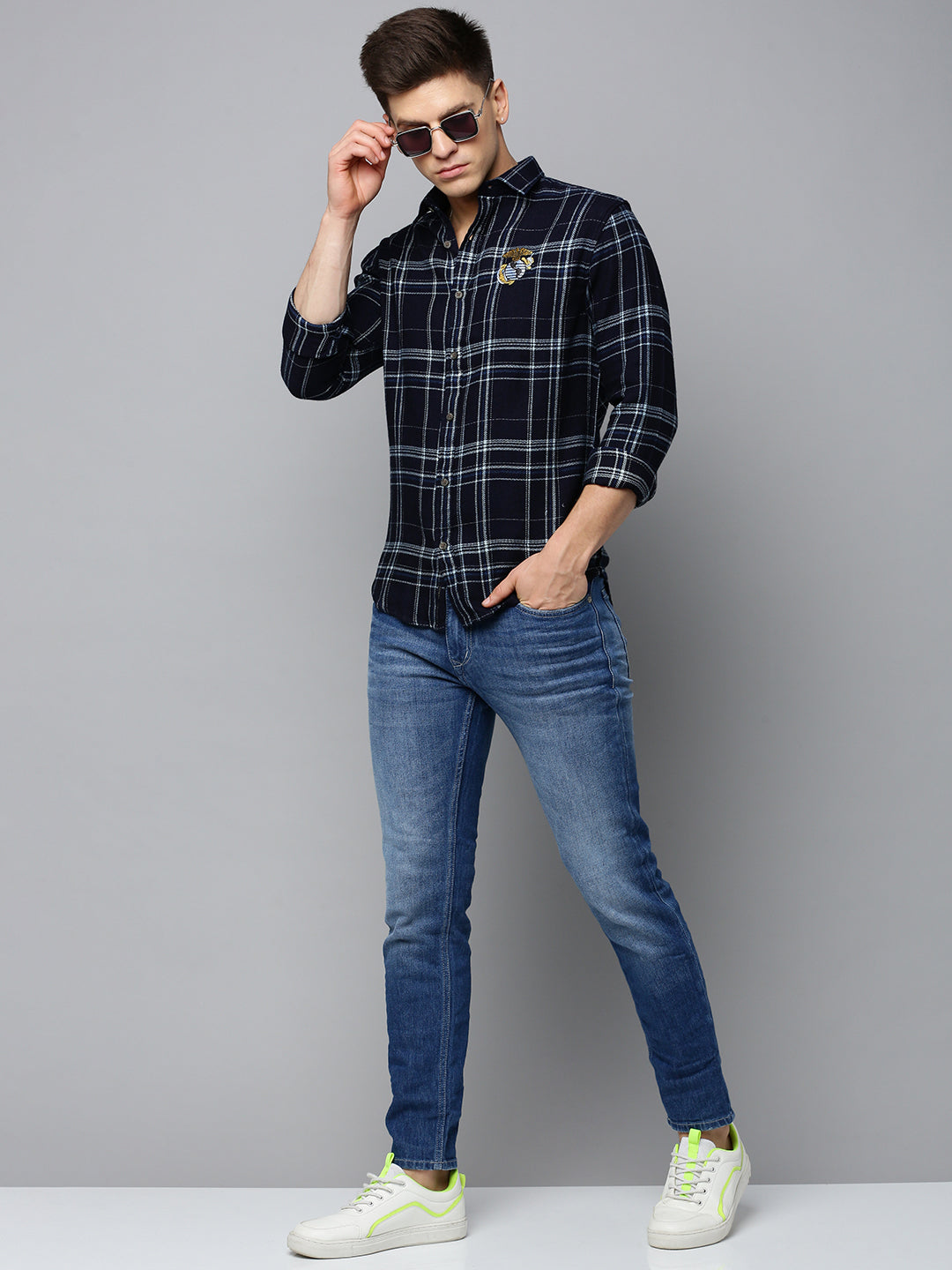 Men Navy Checked Casual Shirt