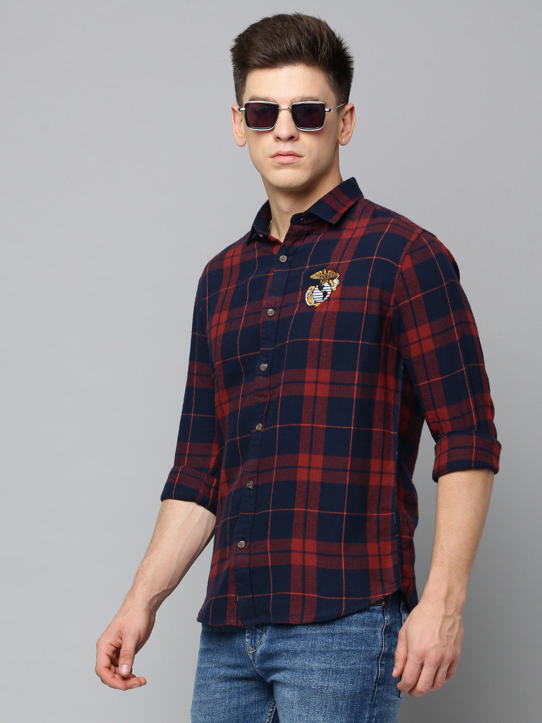 Men Navy Checked Casual Shirt