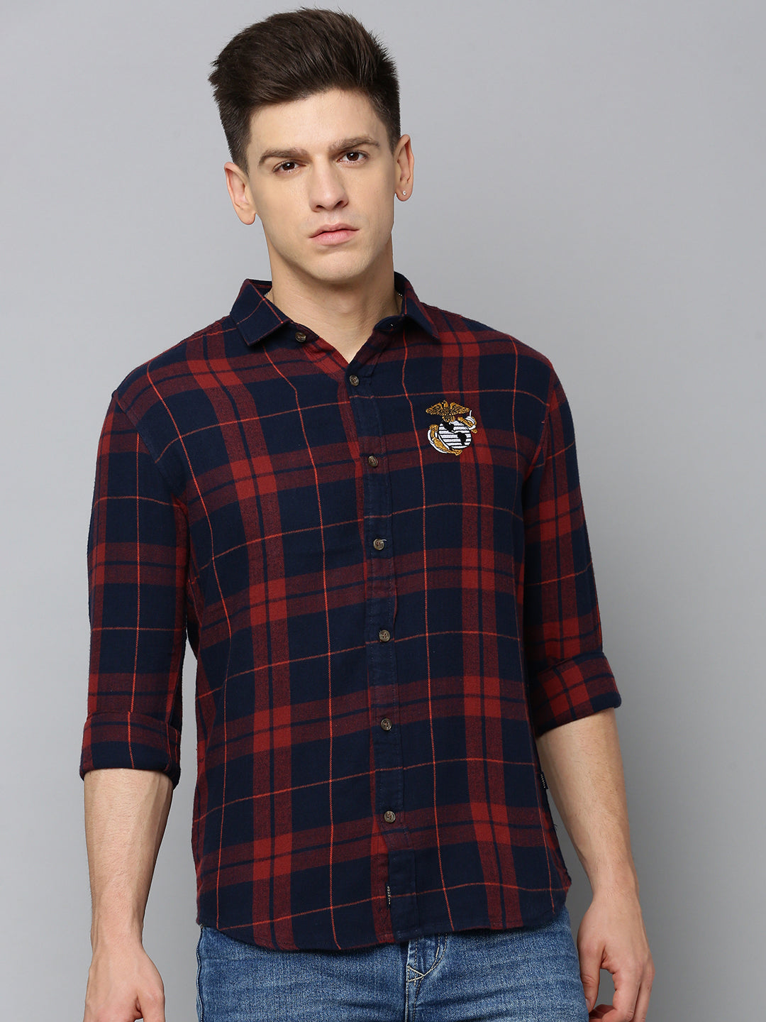 Men Navy Checked Casual Shirt