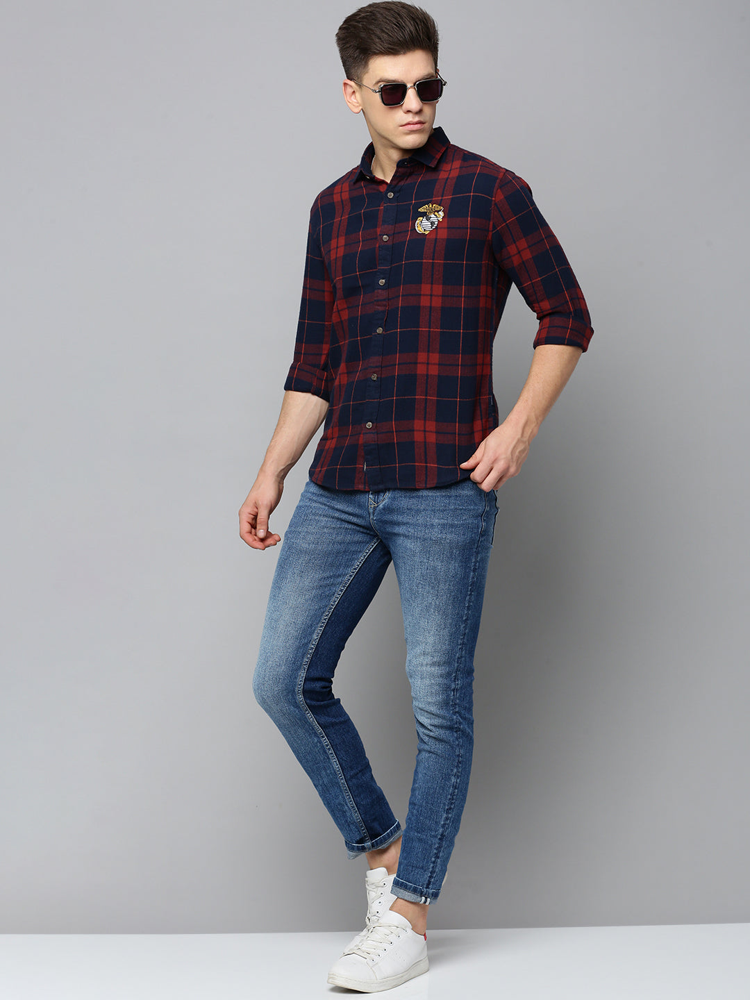 Men Navy Checked Casual Shirt