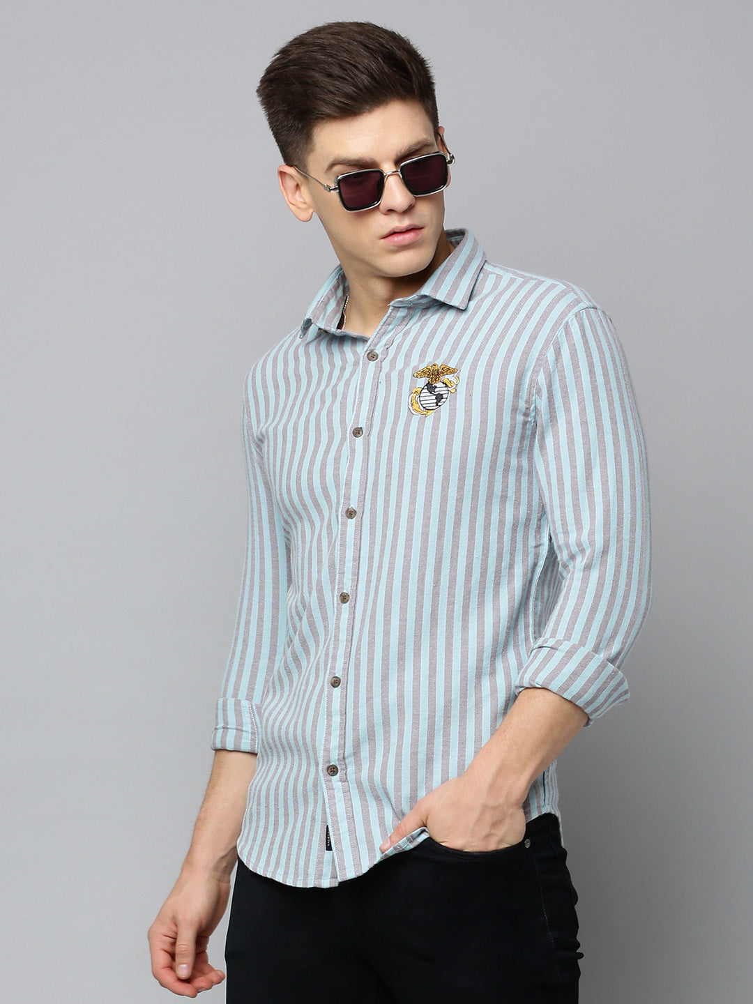 Men Green Striped Casual Shirt