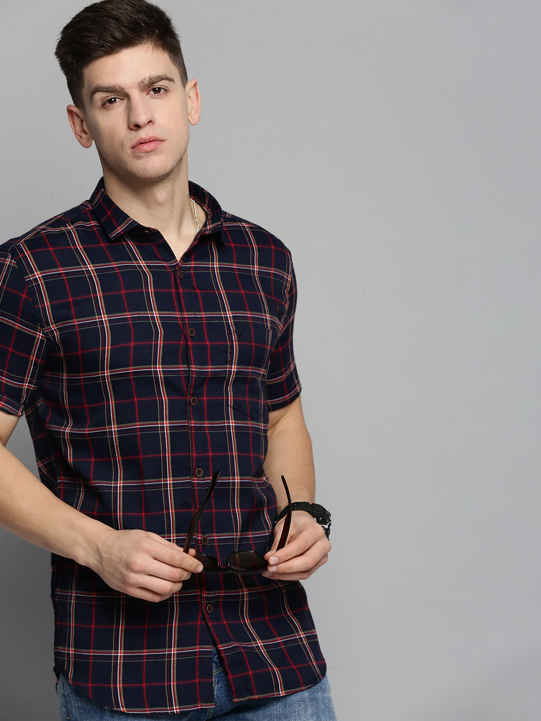 Men Navy Checked Casual Shirt