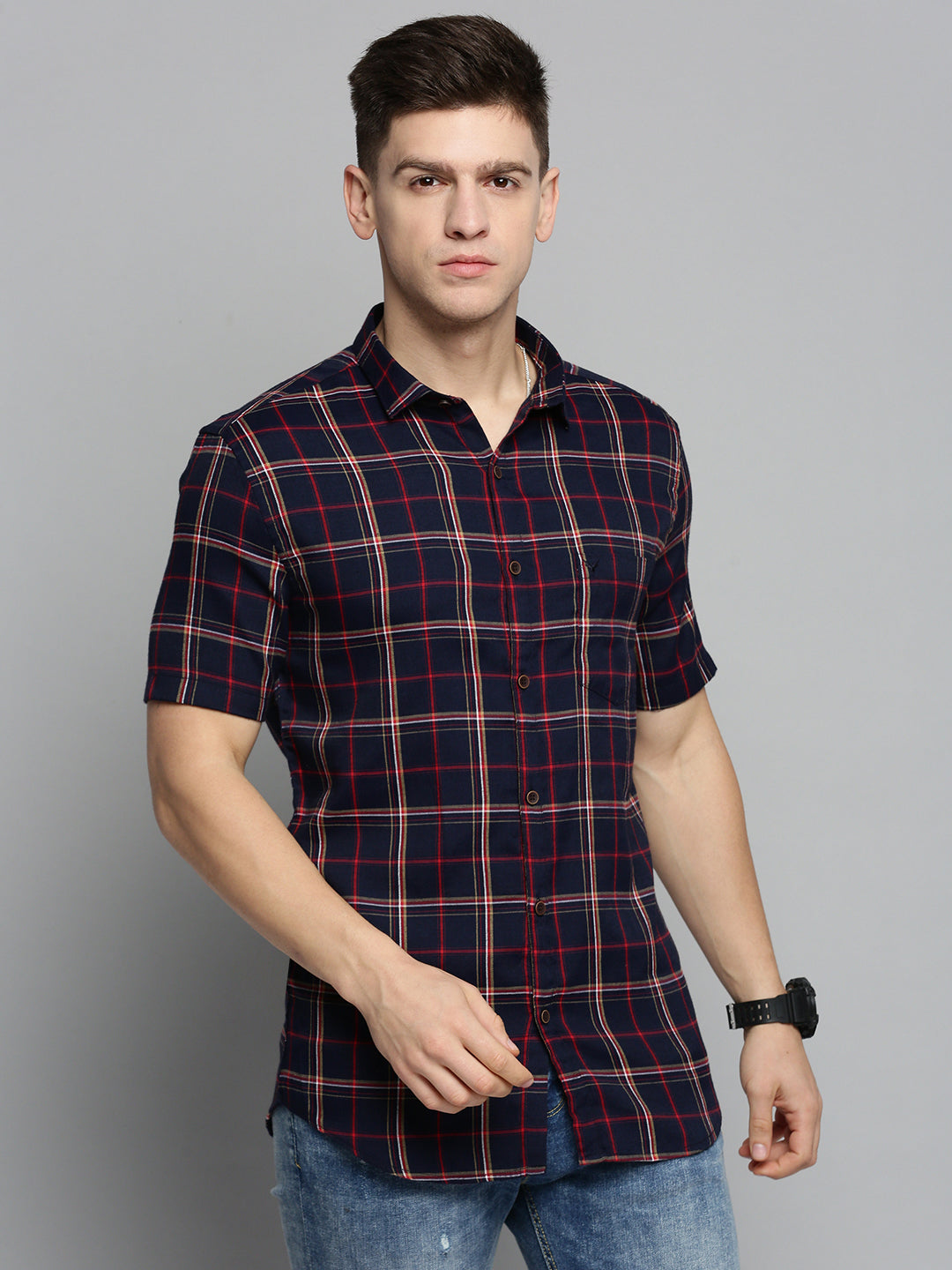 Men Navy Checked Casual Shirt