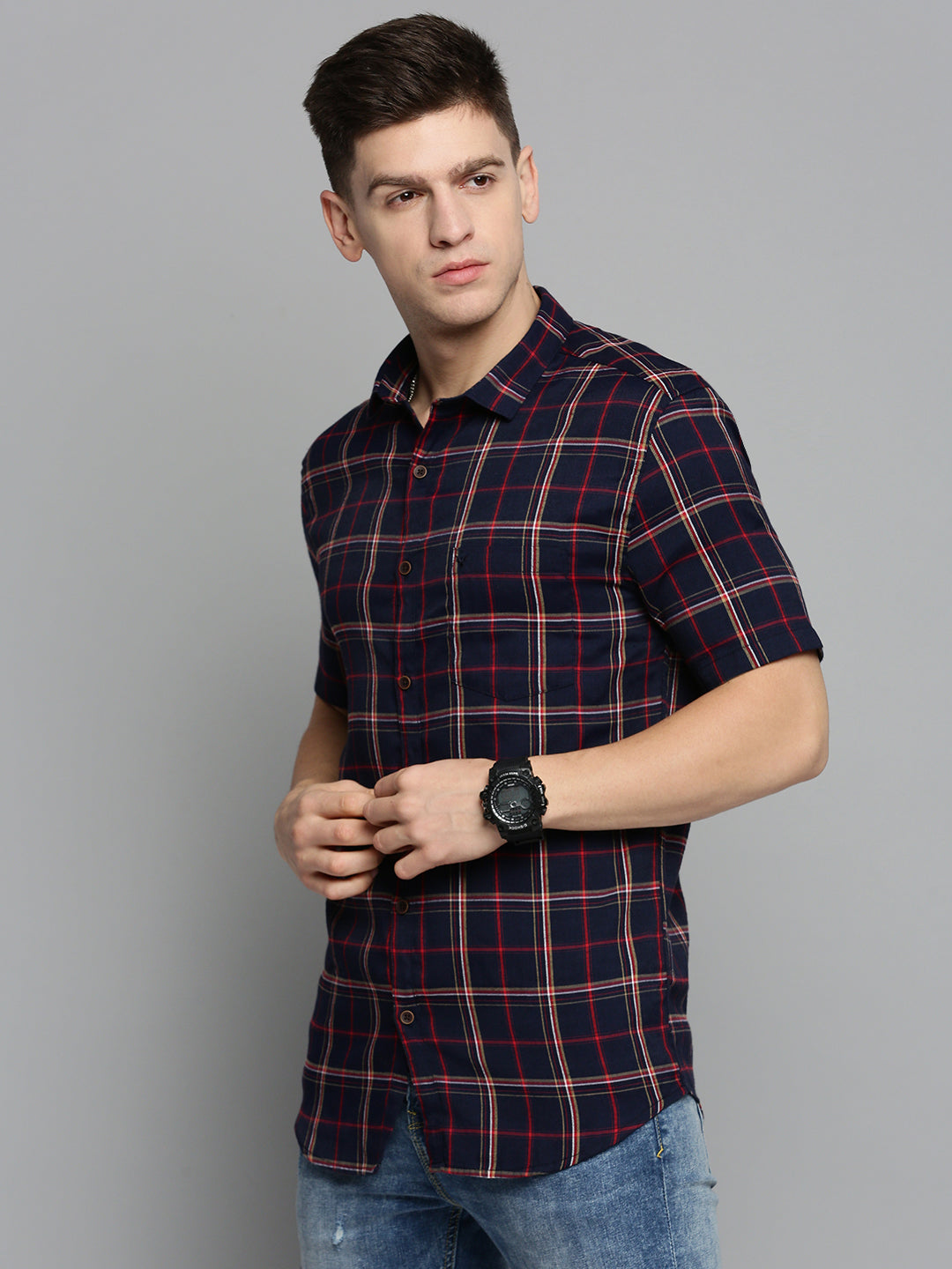 Men Navy Checked Casual Shirt