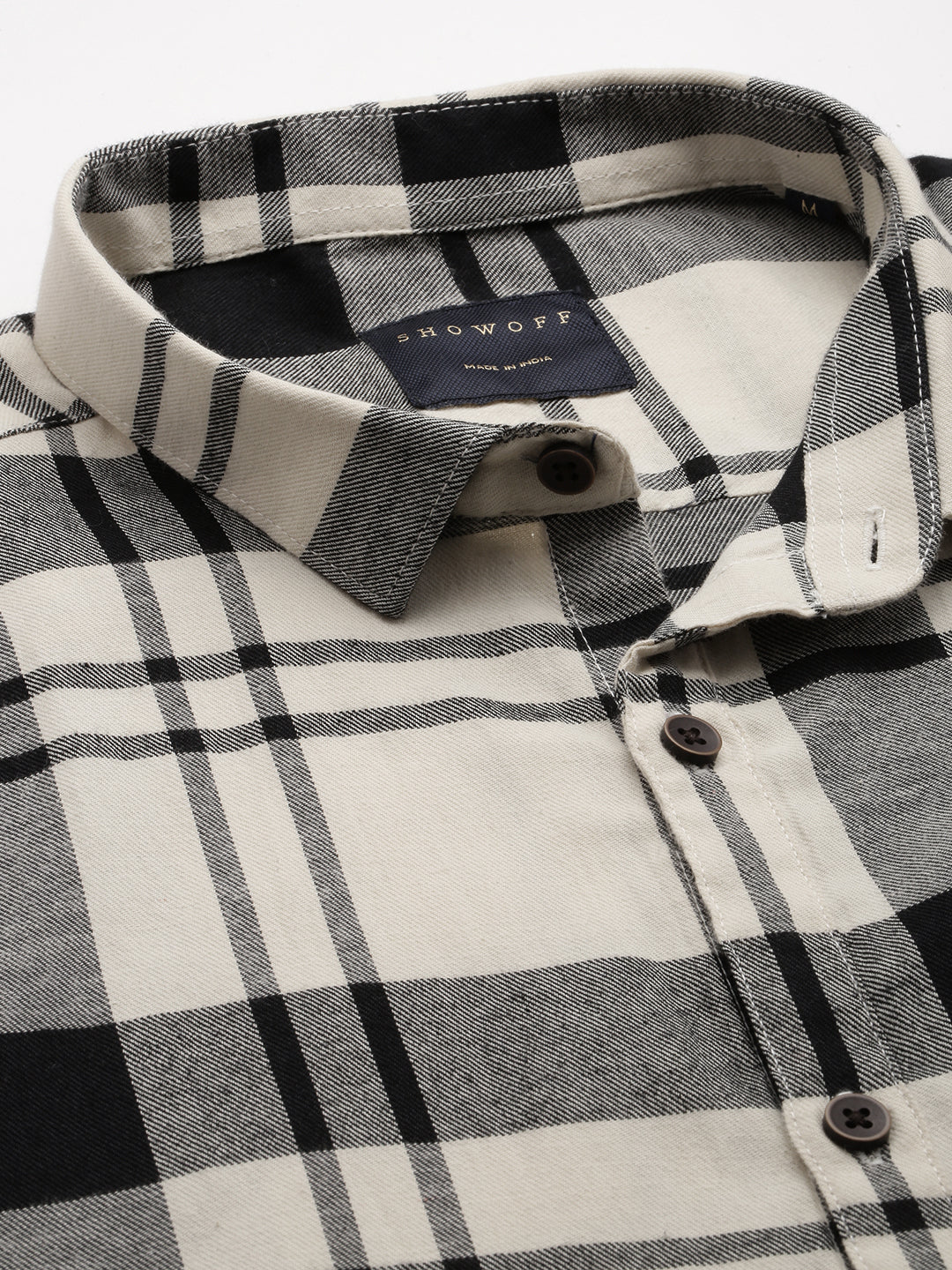 Men's Cream Classic Fit Tartan Checks Twill Weave Cotton Casual Shirt