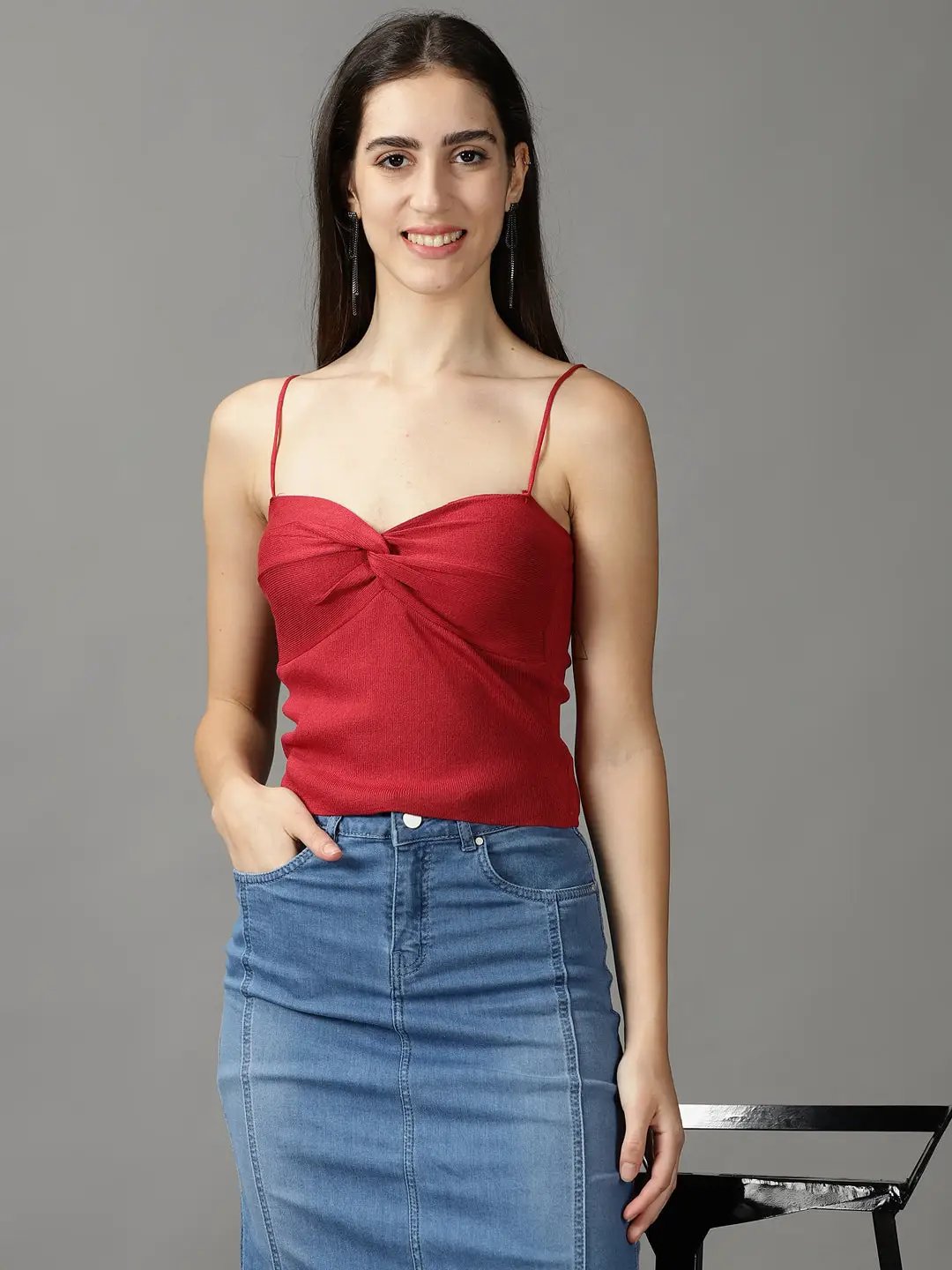 Women's Red Solid Fitted Crop Top