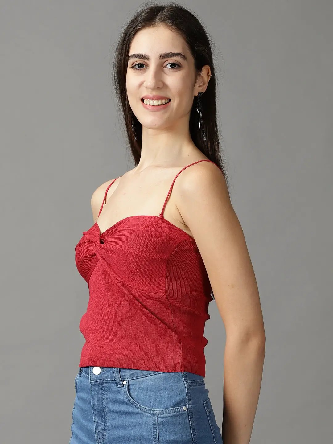 Women's Red Solid Fitted Crop Top