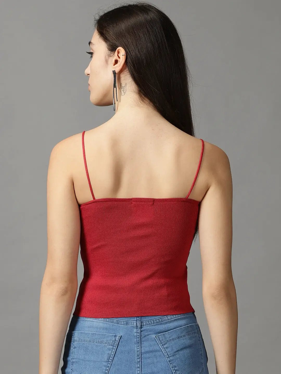 Women's Red Solid Fitted Crop Top