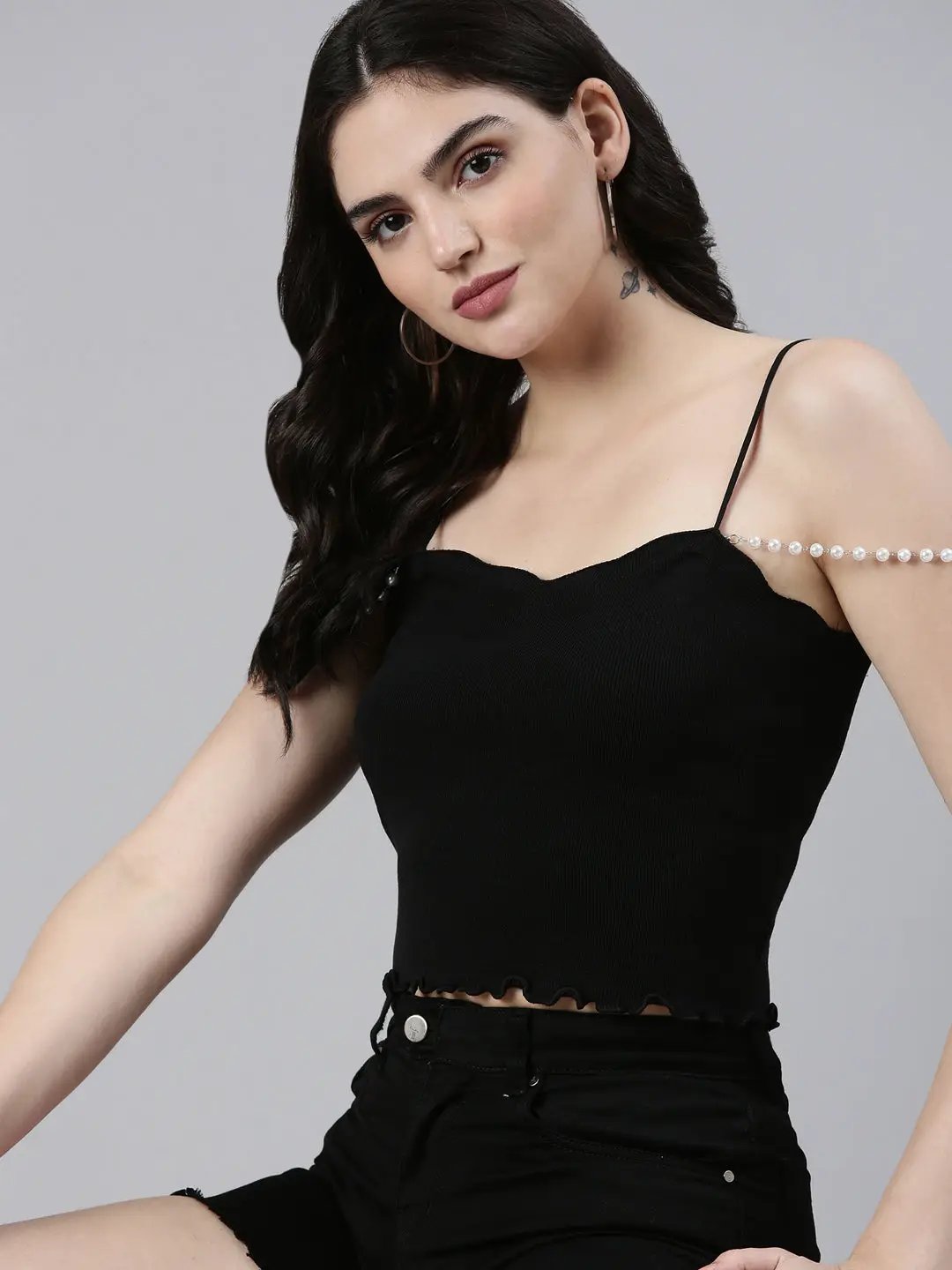 Women's Shoulder Straps Solid Sleeveless Black Crop Tank Top
