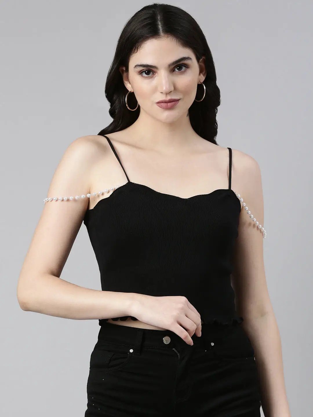 Women's Shoulder Straps Solid Sleeveless Black Crop Tank Top