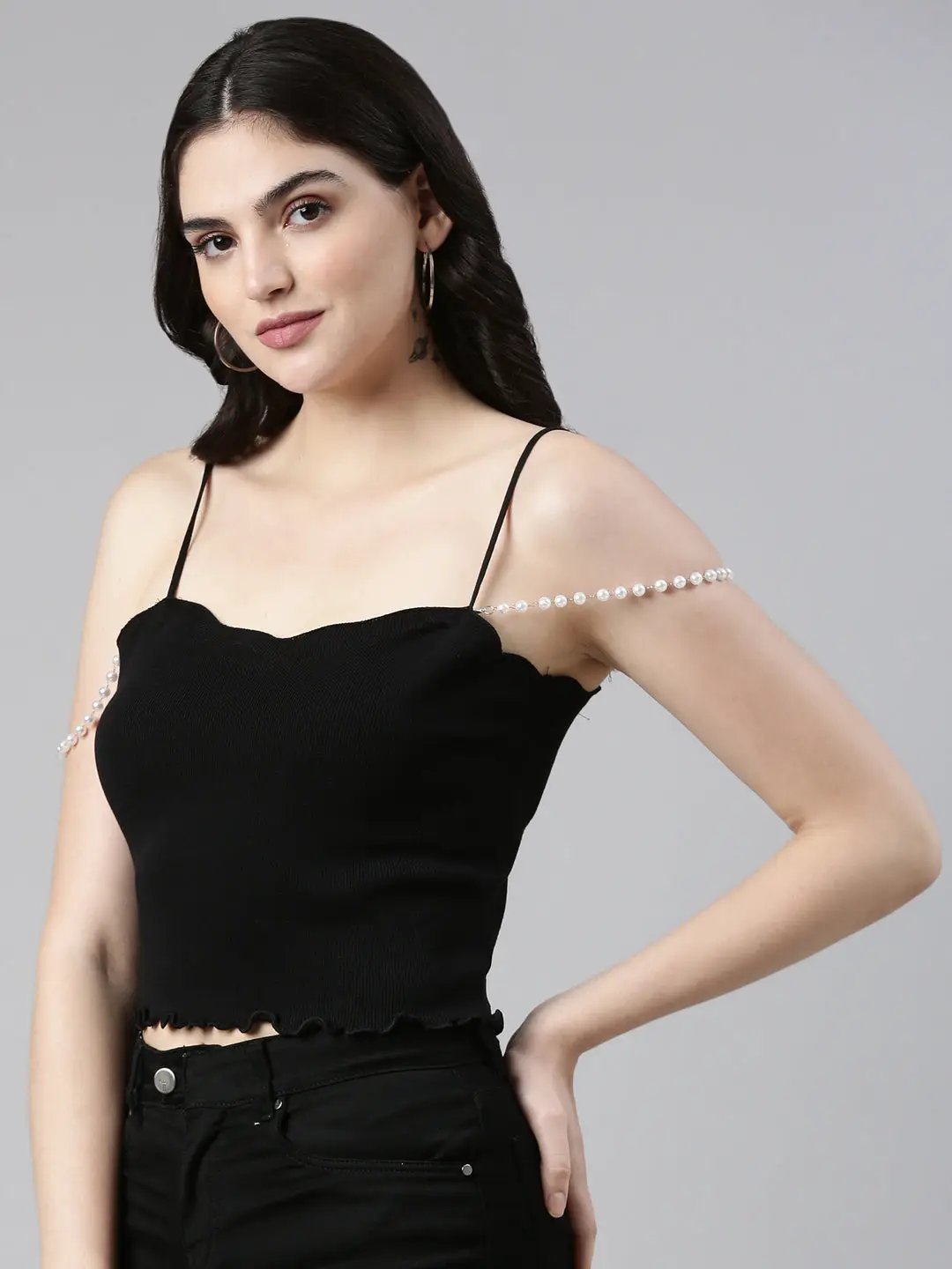 Women's Shoulder Straps Solid Sleeveless Black Crop Tank Top