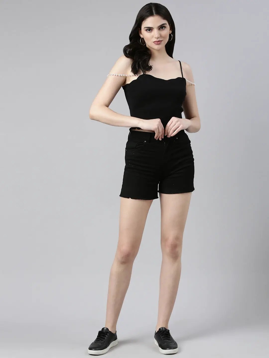 Women's Shoulder Straps Solid Sleeveless Black Crop Tank Top