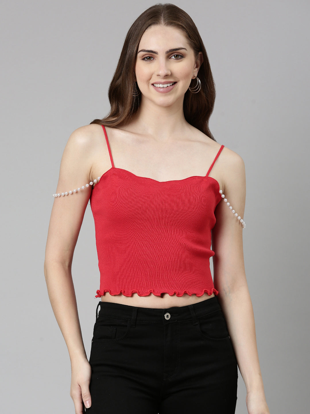 Women Shoulder Straps Solid Sleeveless Red Crop Tank Top