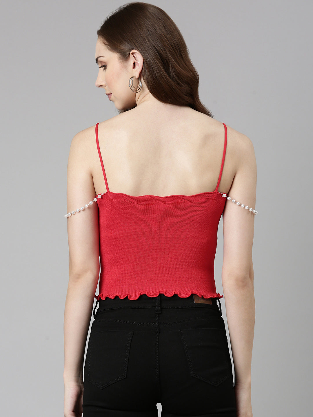 Women Shoulder Straps Solid Sleeveless Red Crop Tank Top