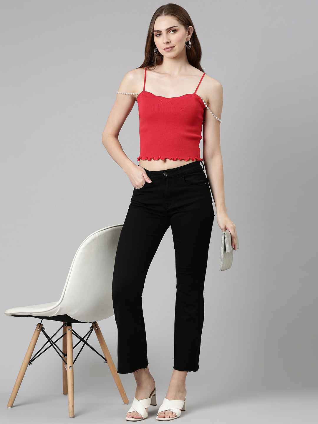 Women Shoulder Straps Solid Sleeveless Red Crop Tank Top