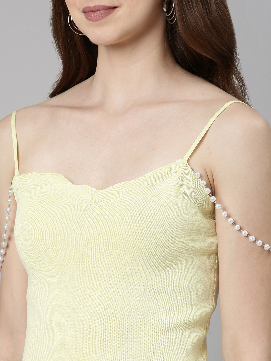 Women Shoulder Straps Solid Sleeveless Yellow Crop Tank Top