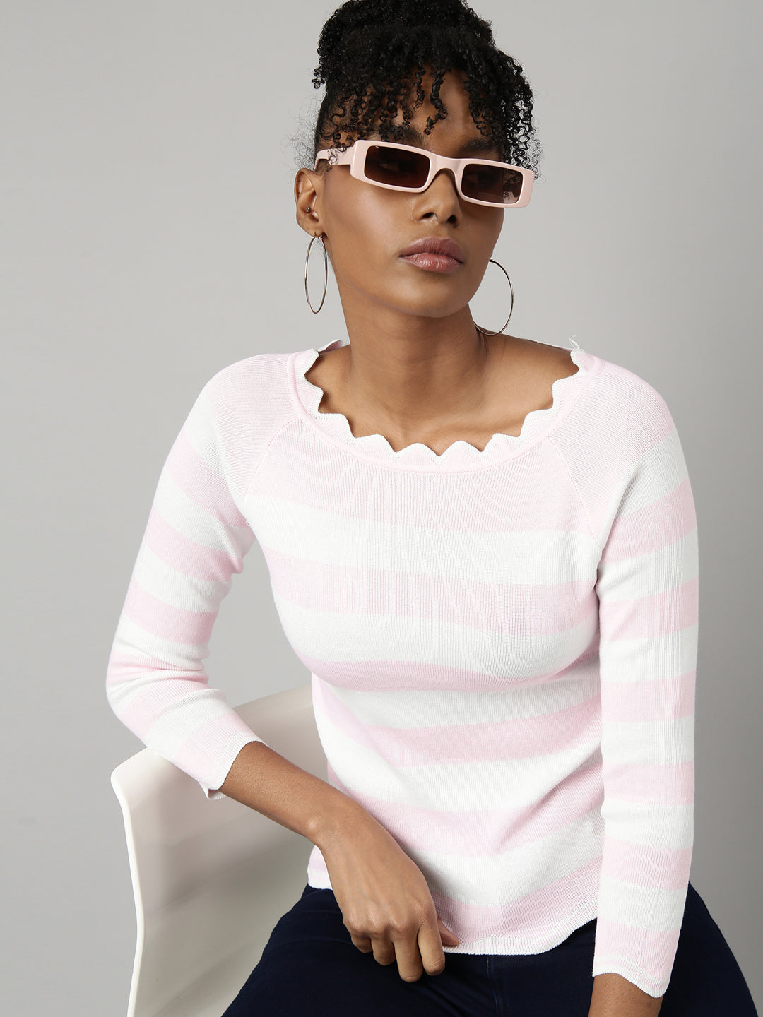 Women Pink Horizontal Stripes Fitted Top