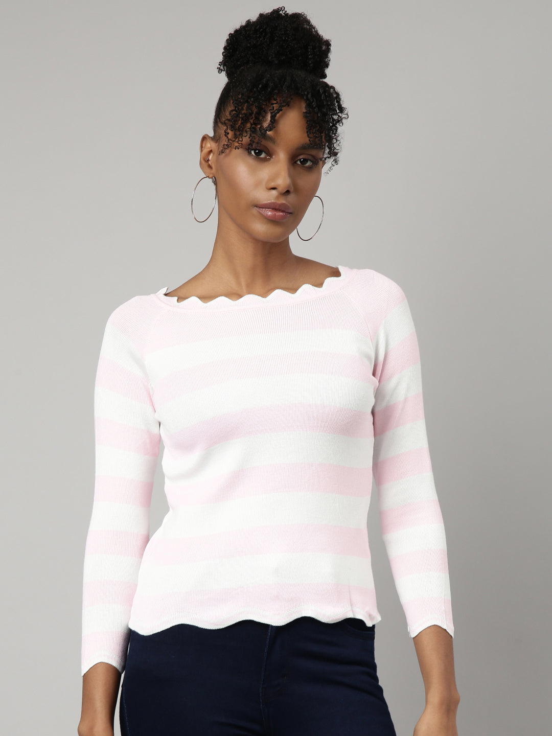 Women Pink Horizontal Stripes Fitted Top