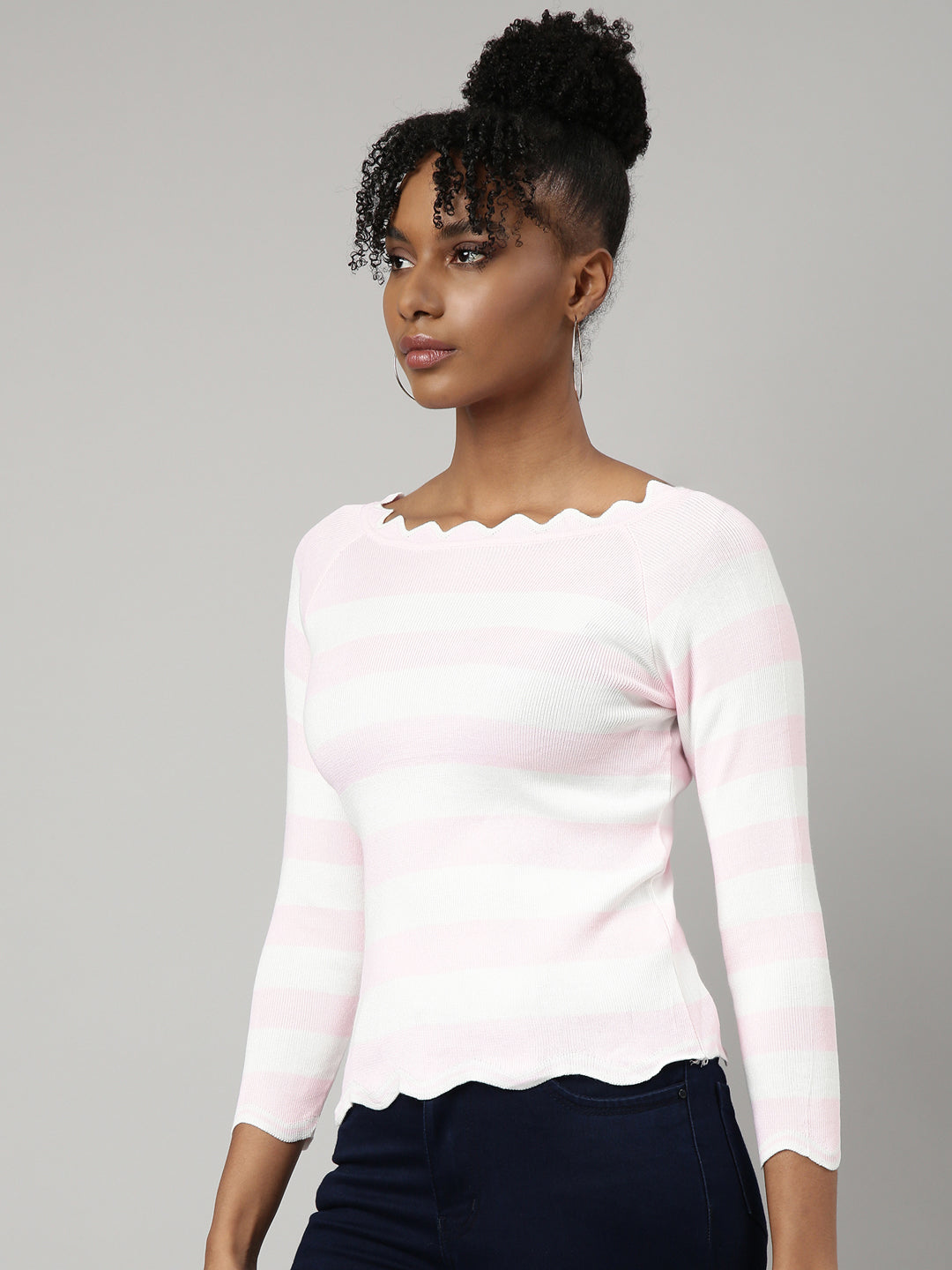 Women Pink Horizontal Stripes Fitted Top