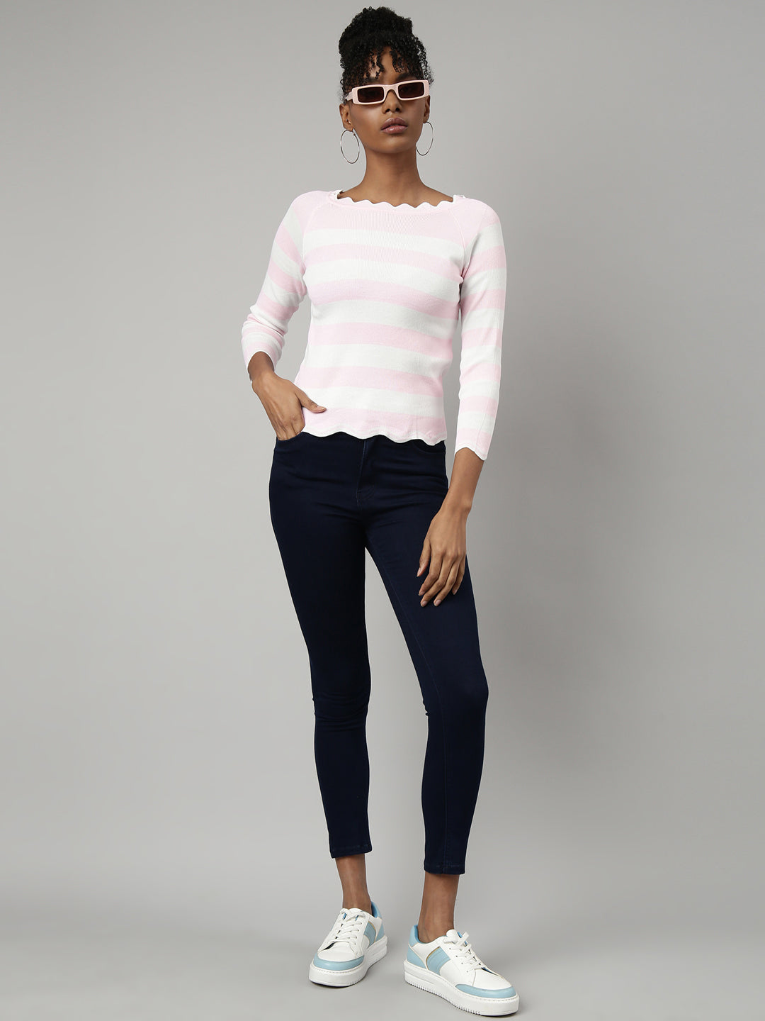 Women Pink Horizontal Stripes Fitted Top