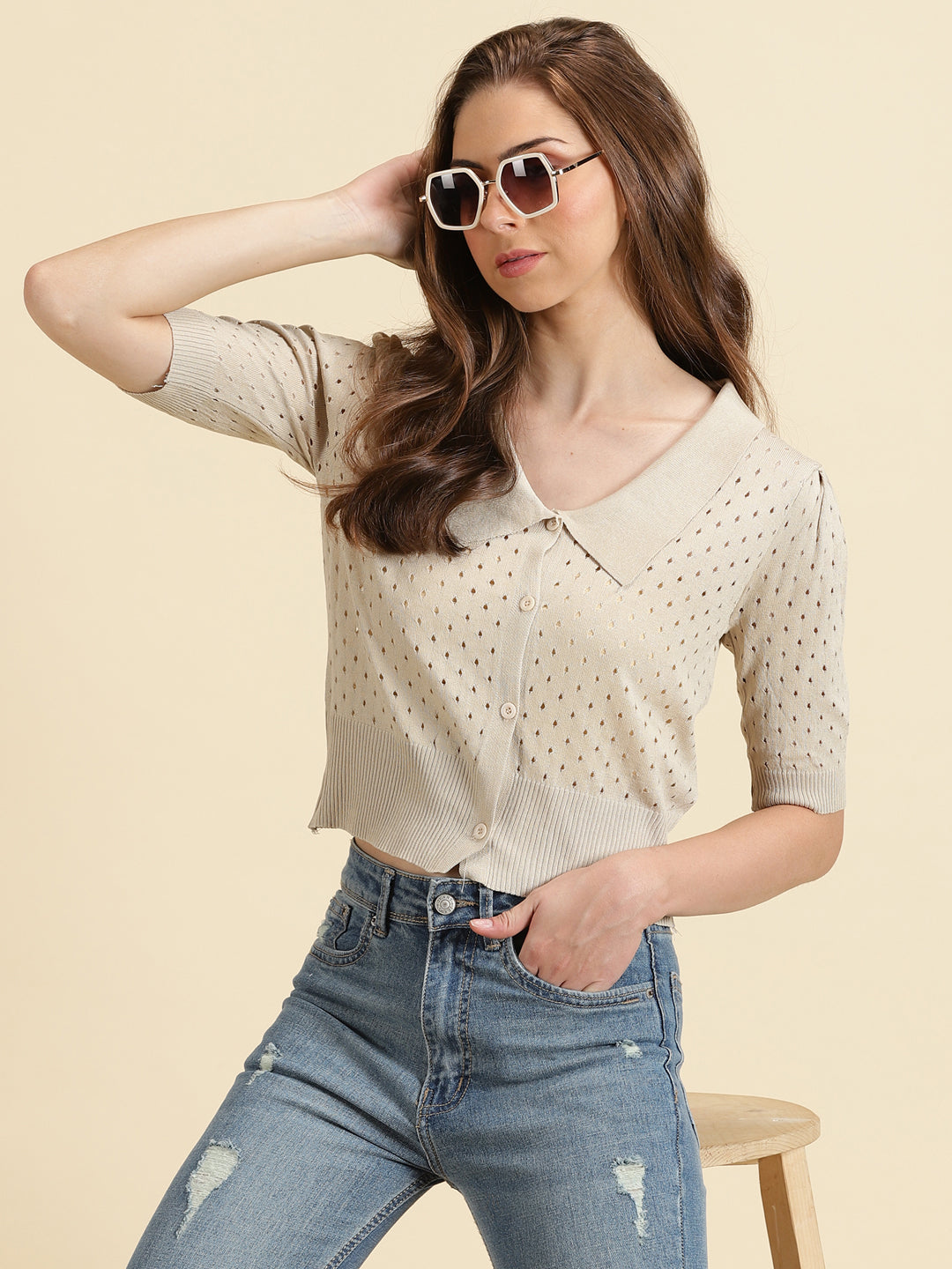 Women's Beige Solid Top