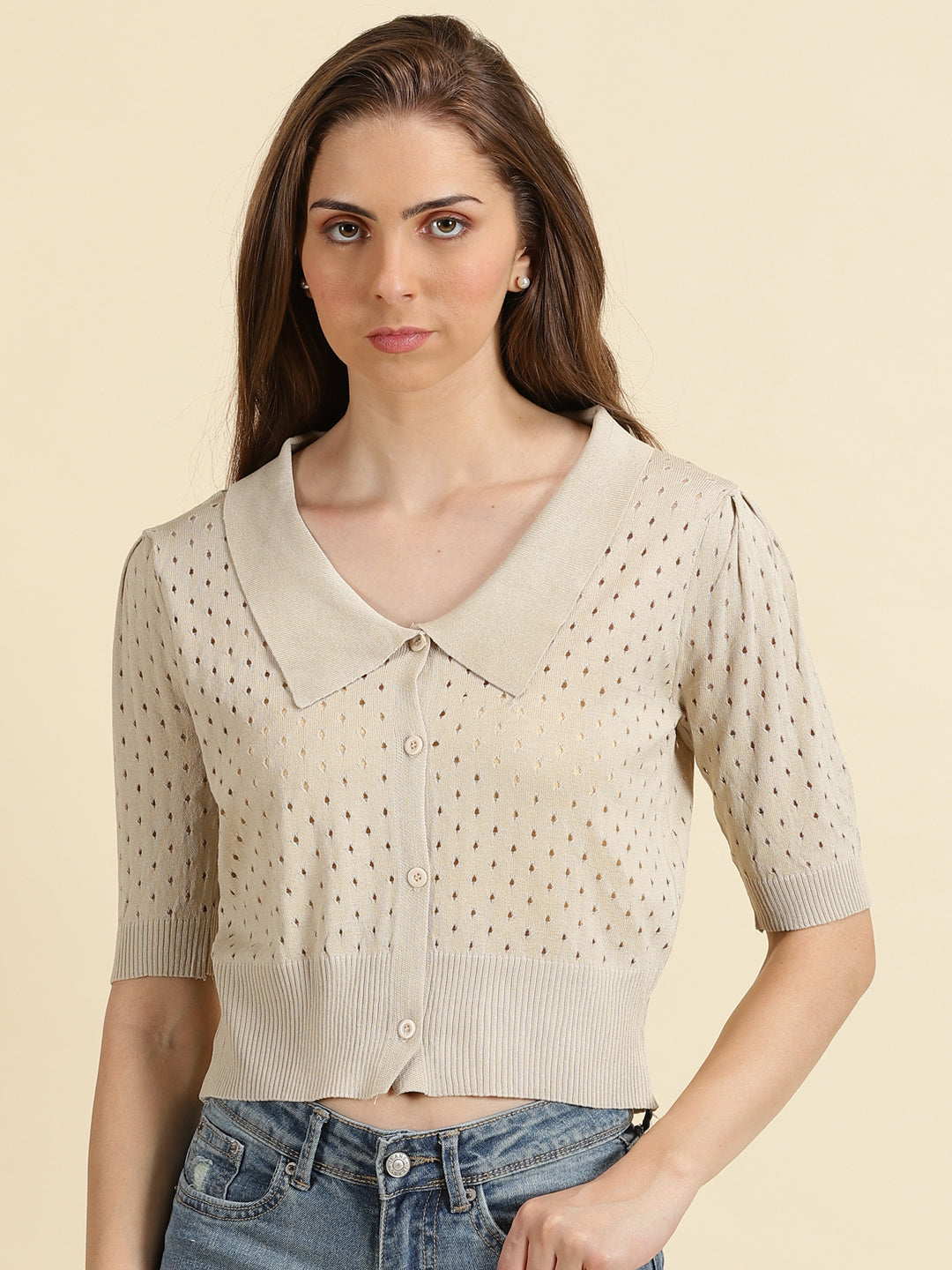 Women's Beige Solid Top