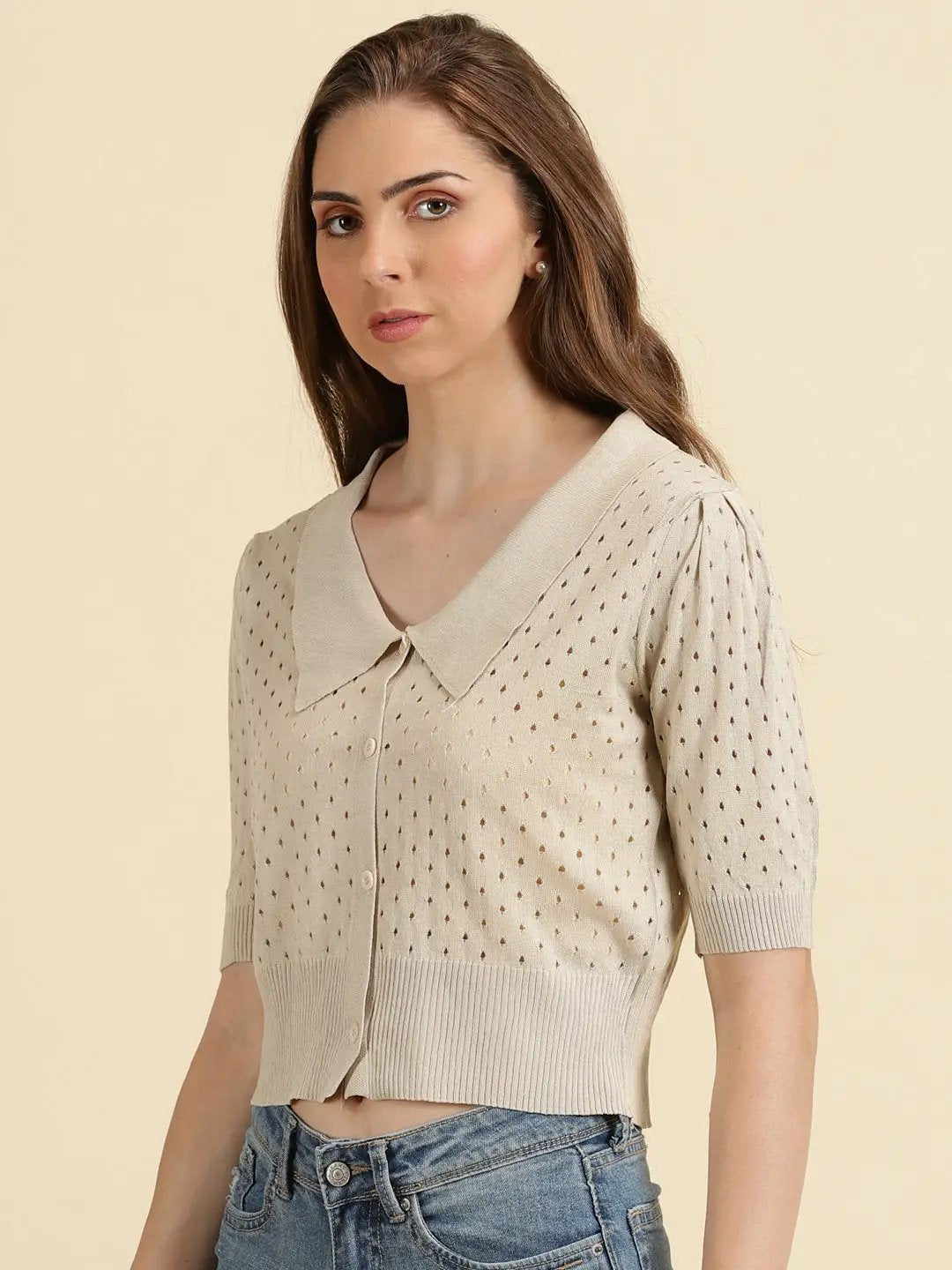 Women's Beige Above the Keyboard Collar Self Design Crop Top