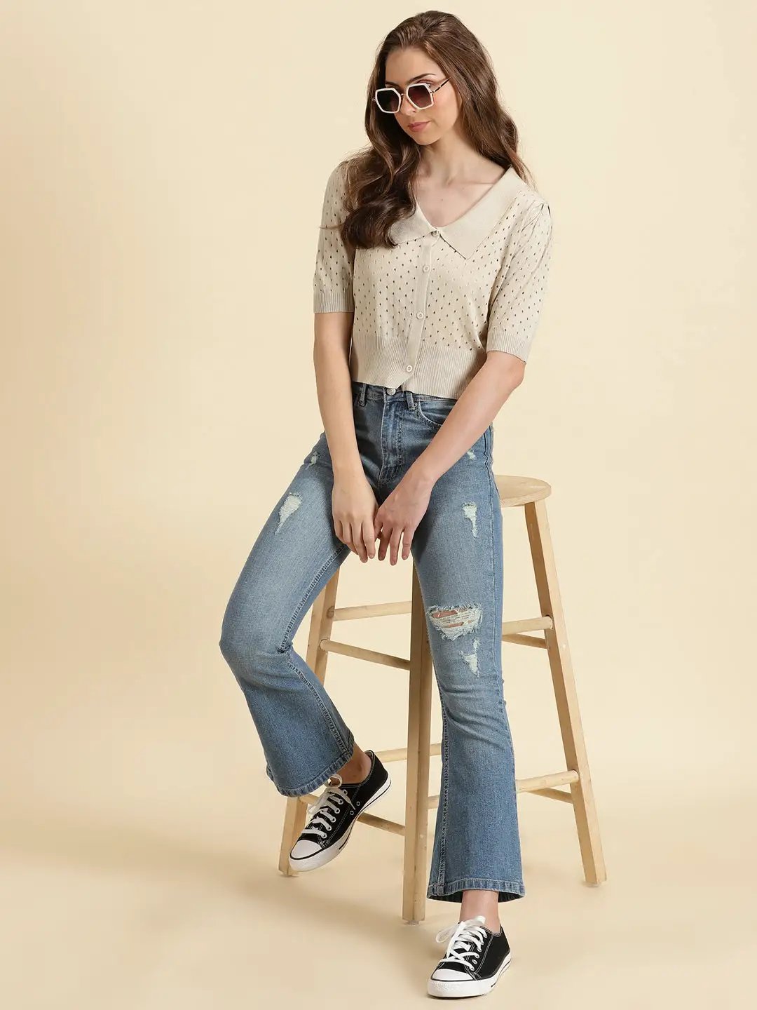 Women's Beige Above the Keyboard Collar Self Design Crop Top
