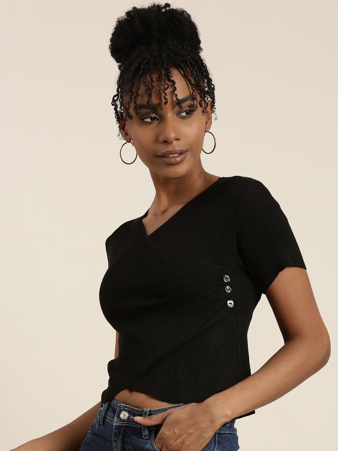 Women's Black V-Neck Wrap Crop Top