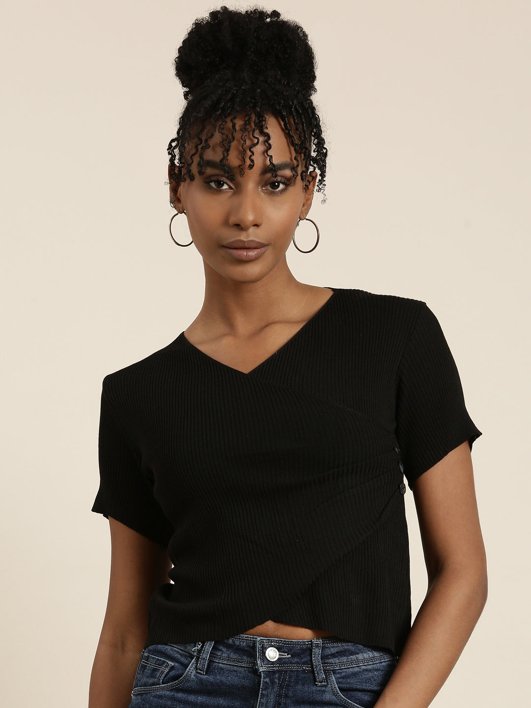 Women's Black V-Neck Wrap Crop Top
