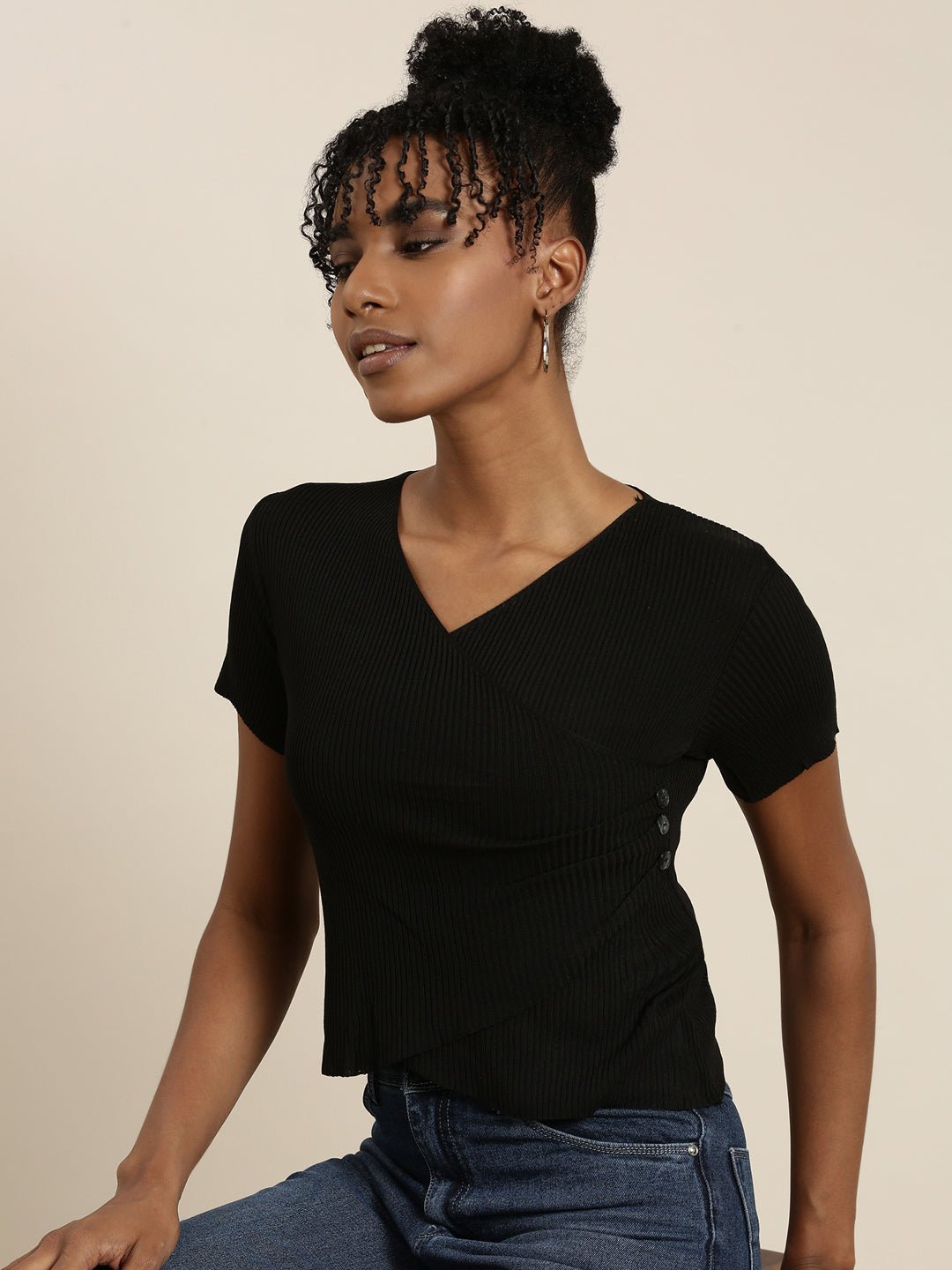 Women's Black V-Neck Wrap Crop Top