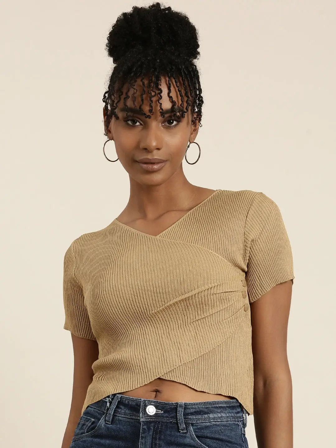 Women's V-Neck Solid Regular Sleeves Wrap Khaki Crop Top