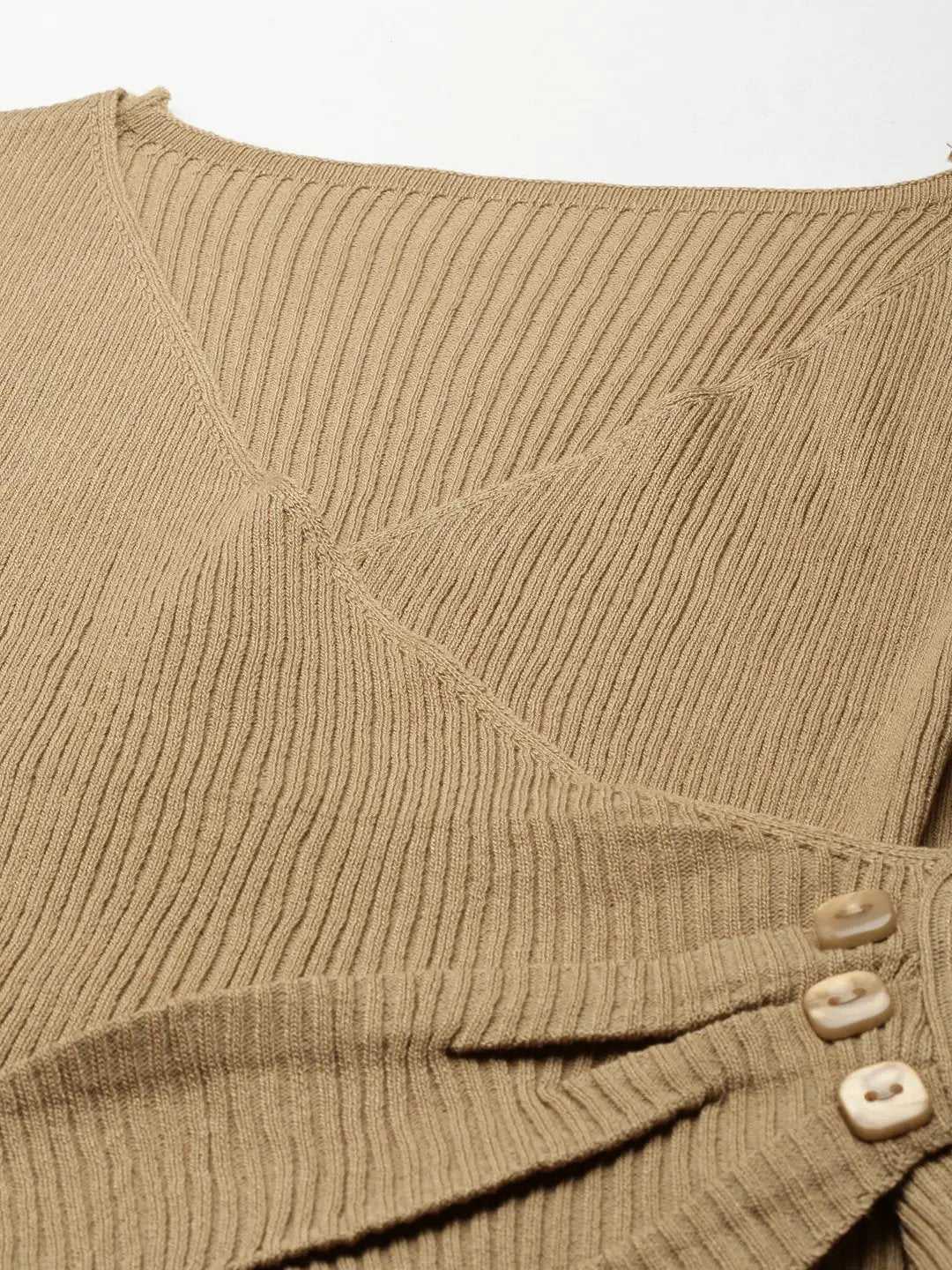 Women's V-Neck Solid Regular Sleeves Wrap Khaki Crop Top