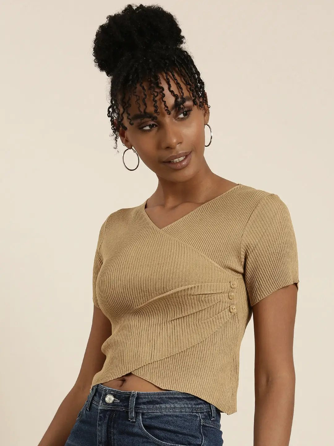 Women's V-Neck Solid Regular Sleeves Wrap Khaki Crop Top