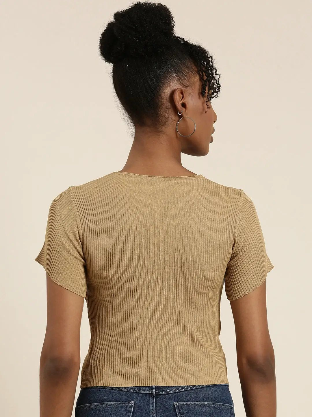 Women's V-Neck Solid Regular Sleeves Wrap Khaki Crop Top