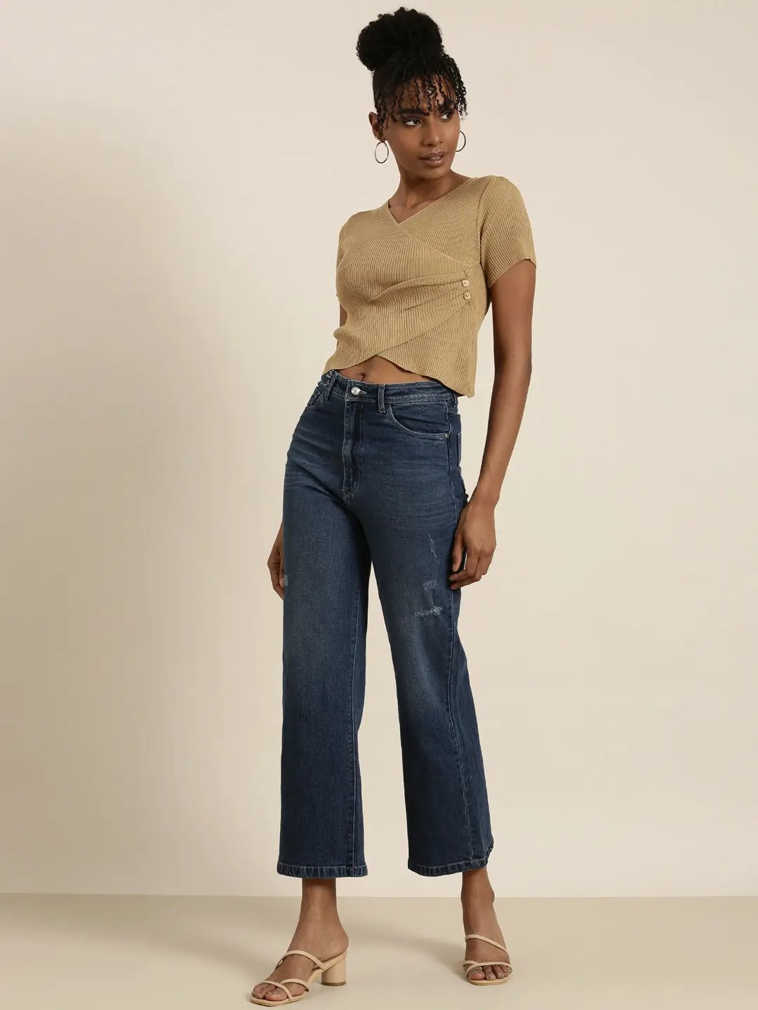 Women's V-Neck Solid Regular Sleeves Wrap Khaki Crop Top
