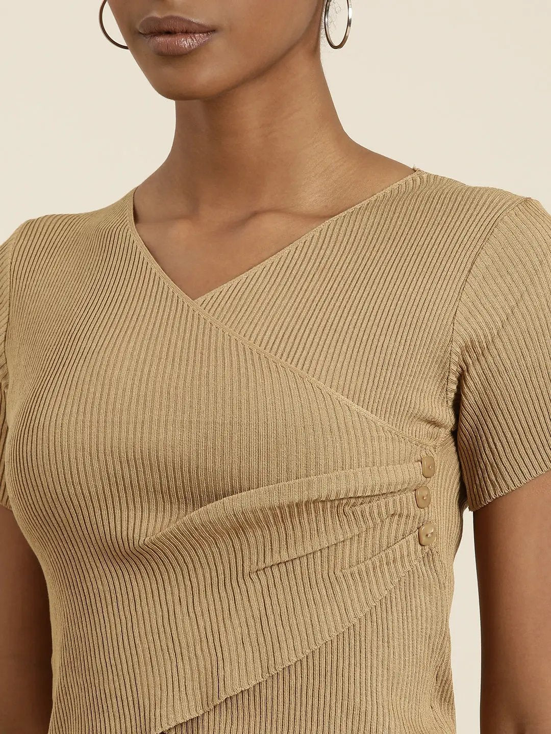 Women's V-Neck Solid Regular Sleeves Wrap Khaki Crop Top