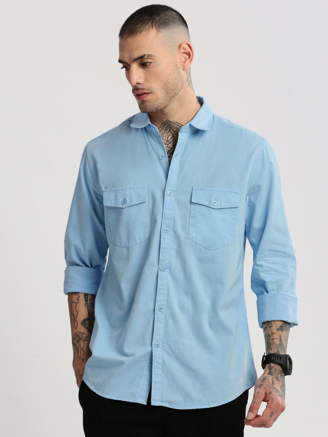 Men Spread Collar Solid Blue Casual Shirt