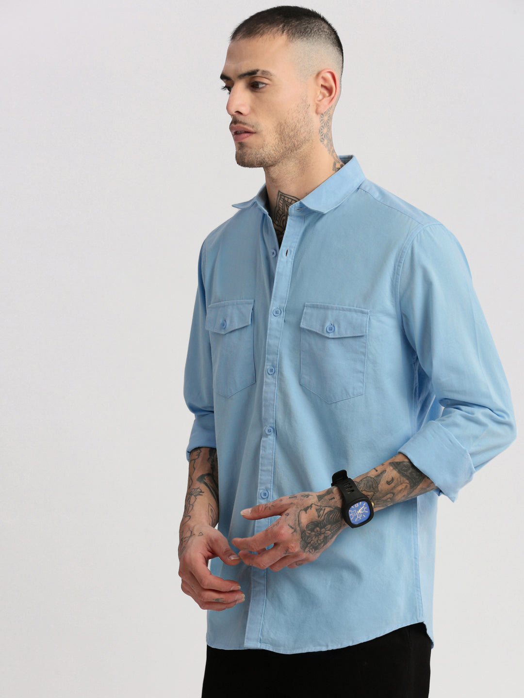 Men Spread Collar Solid Blue Casual Shirt