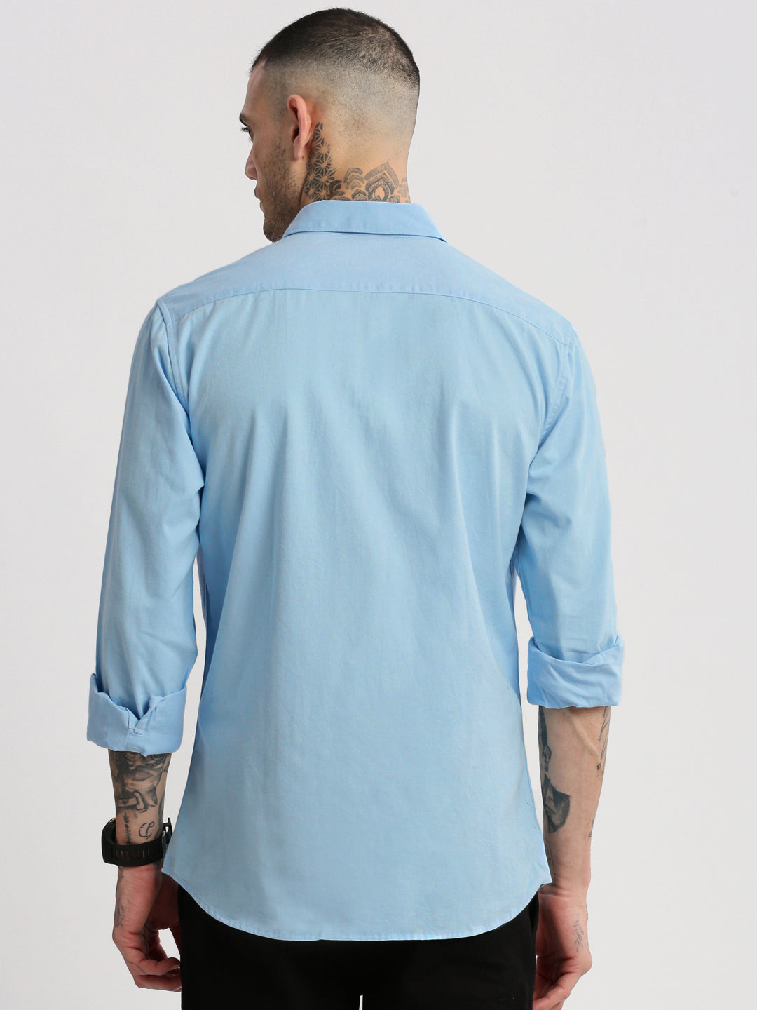 Men Spread Collar Solid Blue Casual Shirt