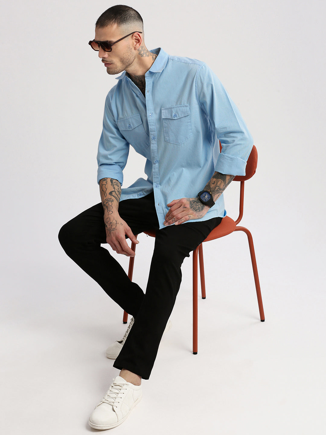 Men Spread Collar Solid Blue Casual Shirt