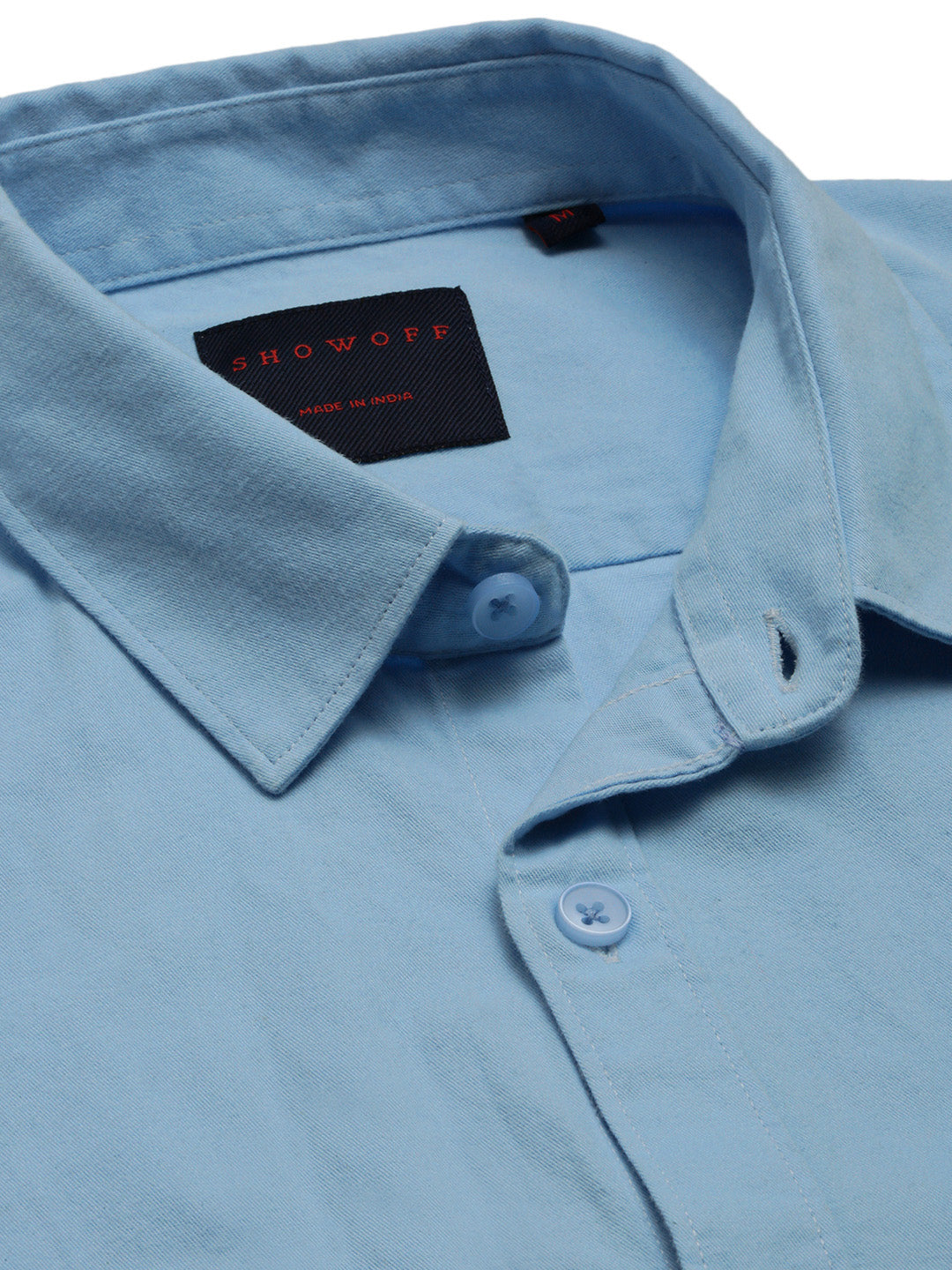 Men Spread Collar Solid Blue Casual Shirt