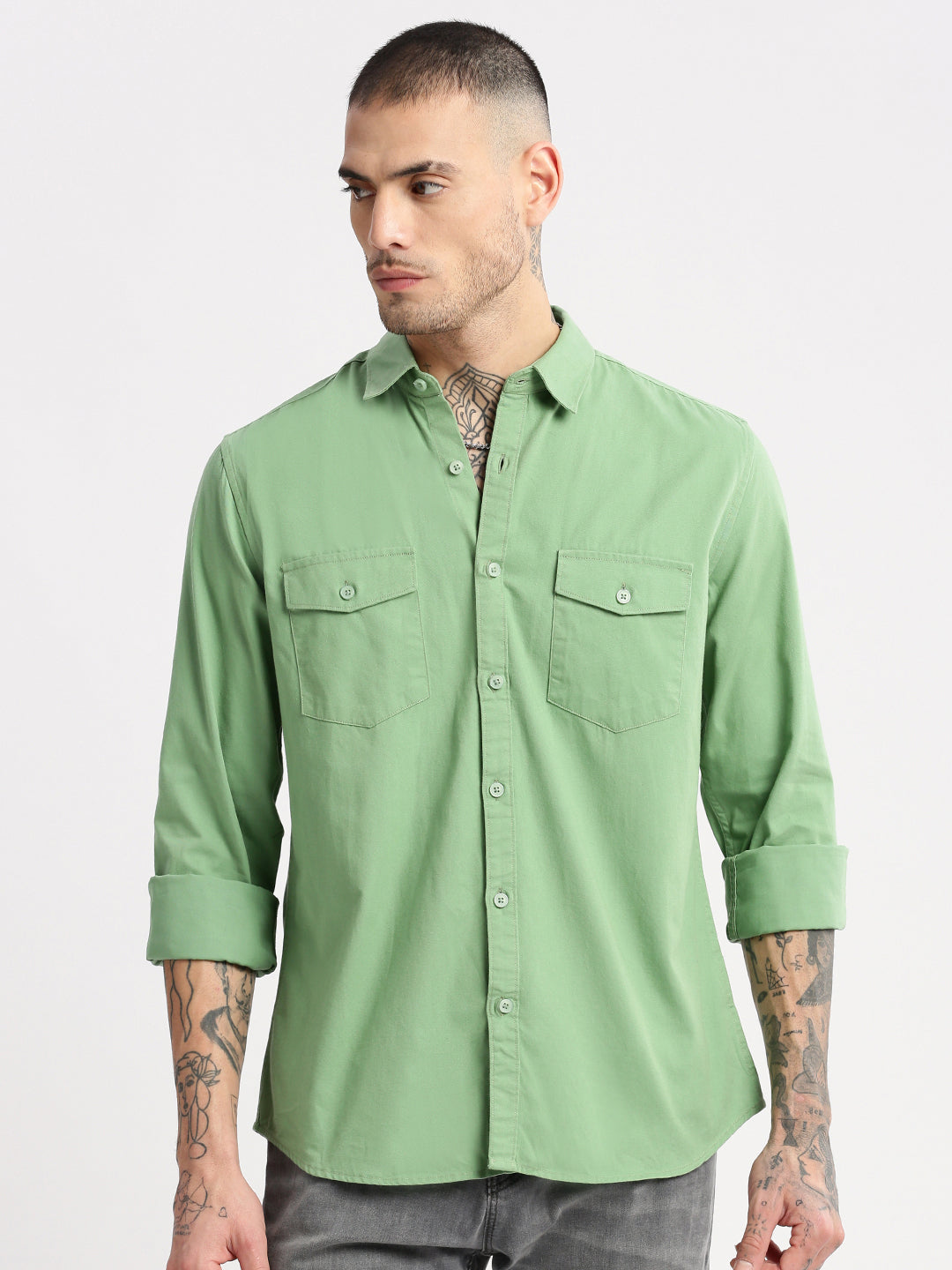 Men Spread Collar Solid Green Casual Shirt