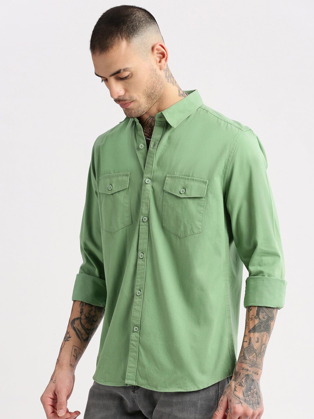 Men Spread Collar Solid Green Casual Shirt