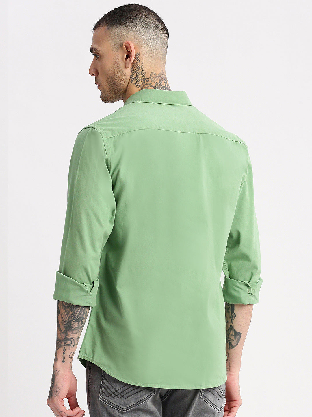 Men Spread Collar Solid Green Casual Shirt